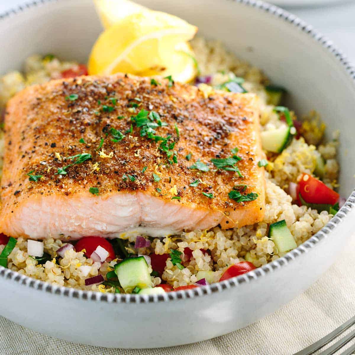 Mediterranean Salmon Bowl with Quinoa Tabouli Salad