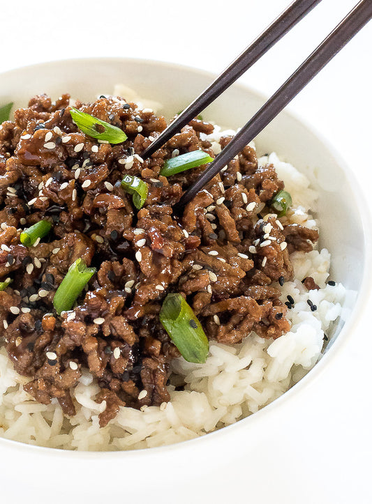 Crispy Korean Beef with Rice and Stir Fry Veggies