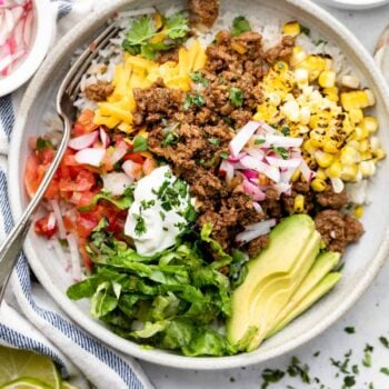 Beef Taco Bowl with Seasoned Rice and Beans